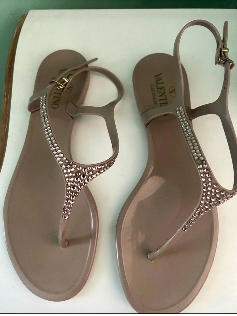 Valentino Garavani Black Crystal Jelly Thong Sandals